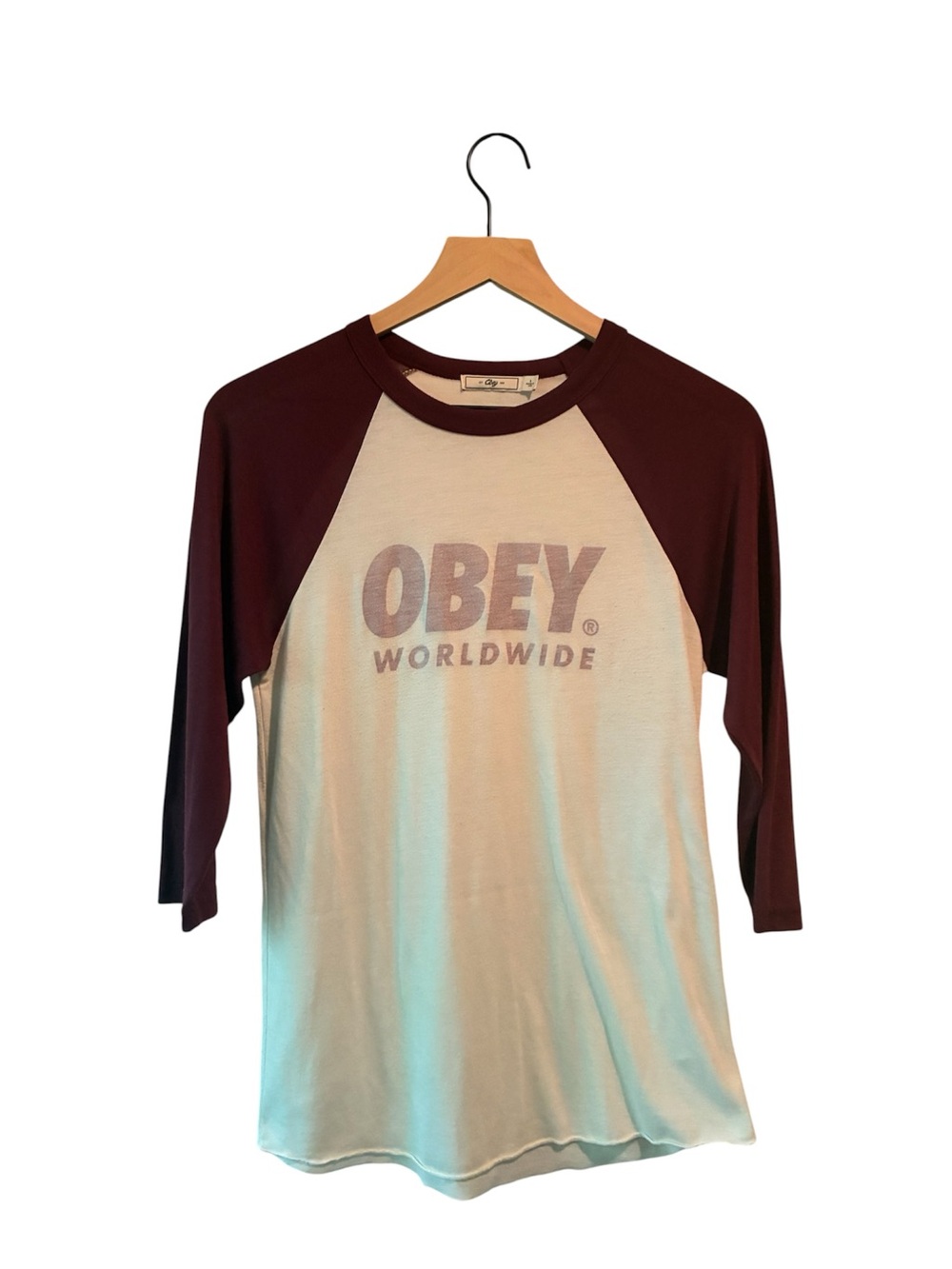 Obey Crewneck Tee - White & Burgundy